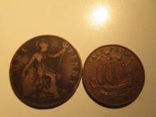 Foreign Coins: Great Britain 1919 Penny & 1949 1/2 Penny