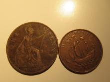 Foreign Coins: Great Britain 1934 Penny & 1945 (WWII) 1/2 Penny