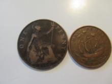 Foreign Coins: Great Britain 1919 Penny & 1945 (WWII) 1/2 Penny