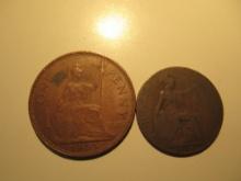 Foreign Coins: Great Britain 1965 Penny & 1918 (WWI) 1/2 Penny