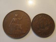 Foreign Coins: Great Britain 1949 Penny & 1937 1/2 Penny