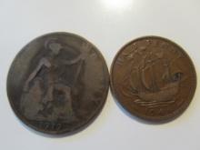 Foreign Coins: Great Britain 1919 Penny & 1946 1/2 Penny