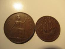 Foreign Coins: Great Britain 1938 Penny & 1940 (WWII) 1/2 Penny