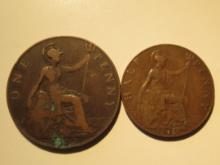 Foreign Coins: Great Britain 1912 Penny & 1915  (WWI) 1/2 Penny