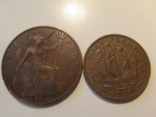 Foreign Coins: Great Britain 1922 Penny & 1958 1/2 Penny