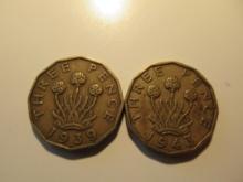 Foreign Coins: 1939 (WWII) & 1943 (WWII) Great Britain 3 Pences