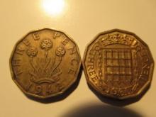 Foreign Coins: 1942 (WWII) & 1960 Great Britain 3 Pences