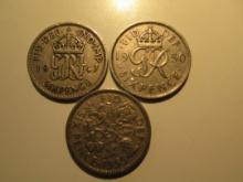 Foreign Coins: 1947, 50 & 55 Great Britain 6 Pences