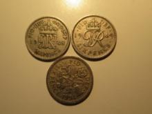 Foreign Coins: 1948, 49 & 50 Great Britain 6 Pences