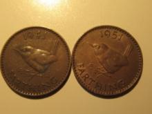 Foreign Coins: 1941 (WWII) & 19451Great Britain Farthings