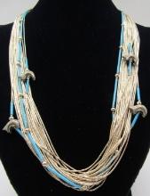 TURQUOISE FETISH STERLING SILVER BEAD NECKLACE