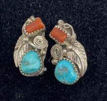 NAVAJO TURQUOISE RED CORAL STERLING EARRINGS