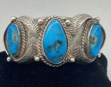 SIGNED STERLING TURQUOISE NAVAJO CUFF BRACELET