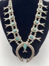 NAVAJO STERLING TURQUOISE SQUASH BLOSSOM NECKLACE