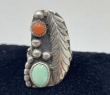 1.25" NAVAJO STERLING TURQUOISE RED CORAL RING