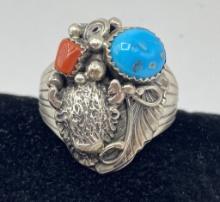 SIZE 14 STERLING TURQUOISE CORAL BUFFALO RING