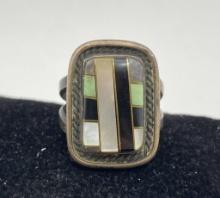 ZUNI STERLING MOSAIC INLAY ONYX TURQUOISE RING