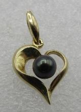 BLACK PEARL 14K GOLD CHARM PENDANT HEART