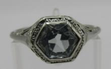 ANTIQUE FILIGREE AQUAMARINE RING 18K WHITE GOLD