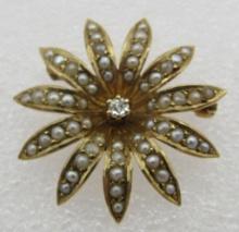 ANTIQUE DIAMOND SEED PEARL PIN 14K GOLD BROOCH