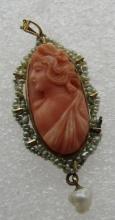 ANTIQUE CARVED CORAL CAMEO PENDANT SOLID 10K GOLD