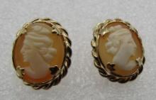 CARVED SHELL CAMEO EARRINGS 14K GOLD