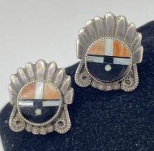 OLD PAWN ZUNI SUNFACE STERLING EARRINGS BLACK ONYX