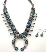 STERLING NAVAJO TURQUOISE SQUASH BLOSSOM NECKLACE