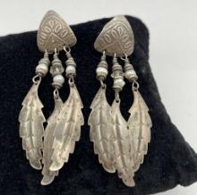 VINTAGE 2.5" STERLING FEATHER PEARL EARRINGS