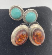 2 STERLING NAVAJO TURQUOISE AMBER EARRINGS