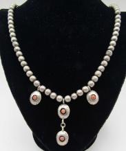 28" CORAL 8MM NAVAJO PEARL NECKLACE STERLING SILVE