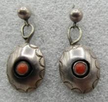 HALLMARKED OLD PAWN CORAL EARRINGS STERLING SILVER