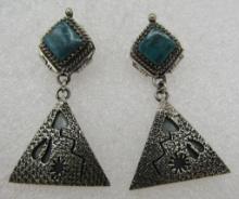 "B" PETROGLYPH TURQUOISE EARRINGS STERLING SILVER