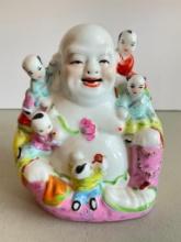 Vintage Porcelain Laughing Buddha with 5 Children