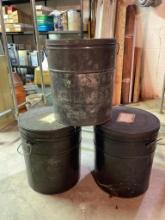 Group of 3 Metal Five Gallon Buckets with Lids