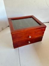 Small Wood Watch Case with Two Drawers and Glass top Viewing Window