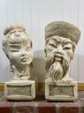 Vintage Plaster Asian Man and Woman Shelf Statues