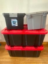 Group of Two Large Plastic Totes and Two Plastic File Totes