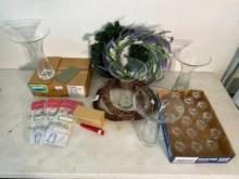 Treasure Lot with Clear Glass Vases and Cups, Wreaths, Small Boxes and More