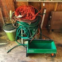 Lot in Shed of Hoses, Electric Cords and Seeder