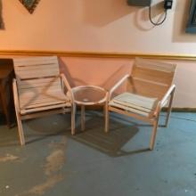 Pair of Outdoor Metal and Plastic Strapped Chairs with Small Glass Top Table