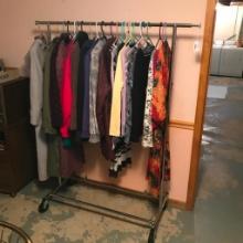 Group of Mostly Vintage Clothing and Rolling Chrome Rack