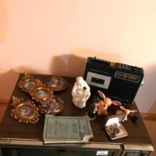 Treasure lot with JC Penny Radio, Four Small Plastic Character Prints, Cuff Links and More