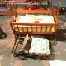 Vintage Wood Baby Crib and Umbrella Stroller