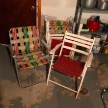 Set of Five Vintage Aluminum Folding and Chairs and Two Wood Deck Chairs