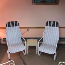 Pair of Metal and Webbed Plastic Outdoor High Back Chairs