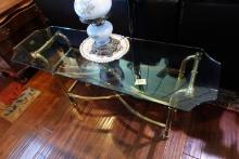 GLASS AND BRASS CONSOLE TABLE WITH BEVELED GLASS AND BRASS BASE TOP MEASURE