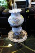 REPRODUCTION FAUX OIL LAMP WITH HAND PAINTED SHADE