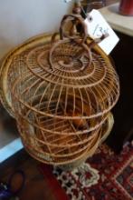 CHILDS RATTAN FAN BACK CHAIR AND WOODEN BIRD CAGE