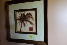 FRAMED UNDER GLASS PAINTED PALM TREE SIGNED 25 X 25